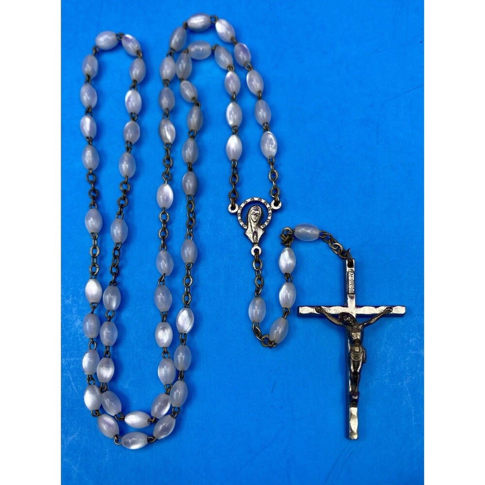 Vtg MoonGlow Glass Oval Bead Rosary, Virgin Mary, Jesus, Italy, Christianity 18”